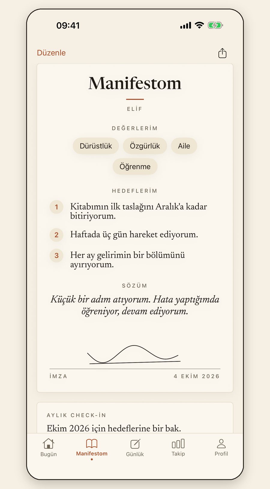 İmzalı manifesto belgesi: değerler, hedefler ve söz